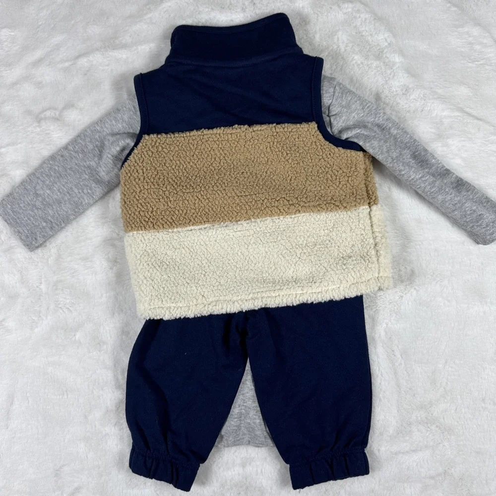 Carters Baby Boy 6M 3-Piece Sherpa Vest Penguin Bodysuit Pants Set Navy Gray NWT